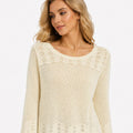 Women’s White Hollow Knit Sweater Top , Lightweight Long Sleeve Casual Pullover