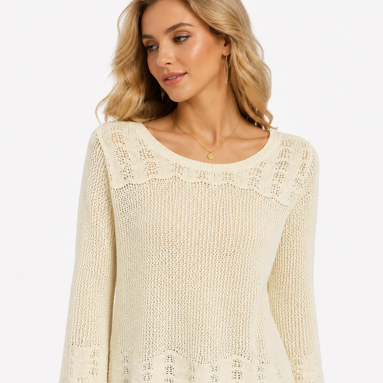 Women’s White Hollow Knit Sweater Top , Lightweight Long Sleeve Casual Pullover