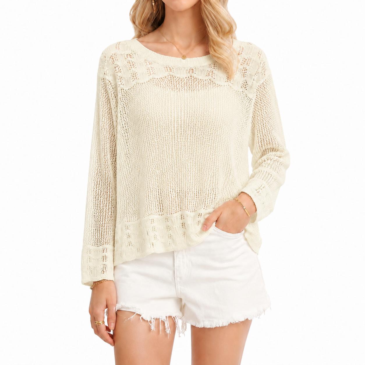 Women’s White Hollow Knit Sweater Top , Lightweight Long Sleeve Casual Pullover