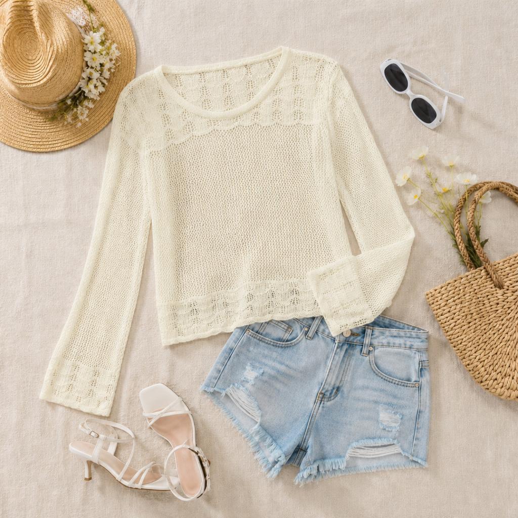 Women’s White Hollow Knit Sweater Top , Lightweight Long Sleeve Casual Pullover