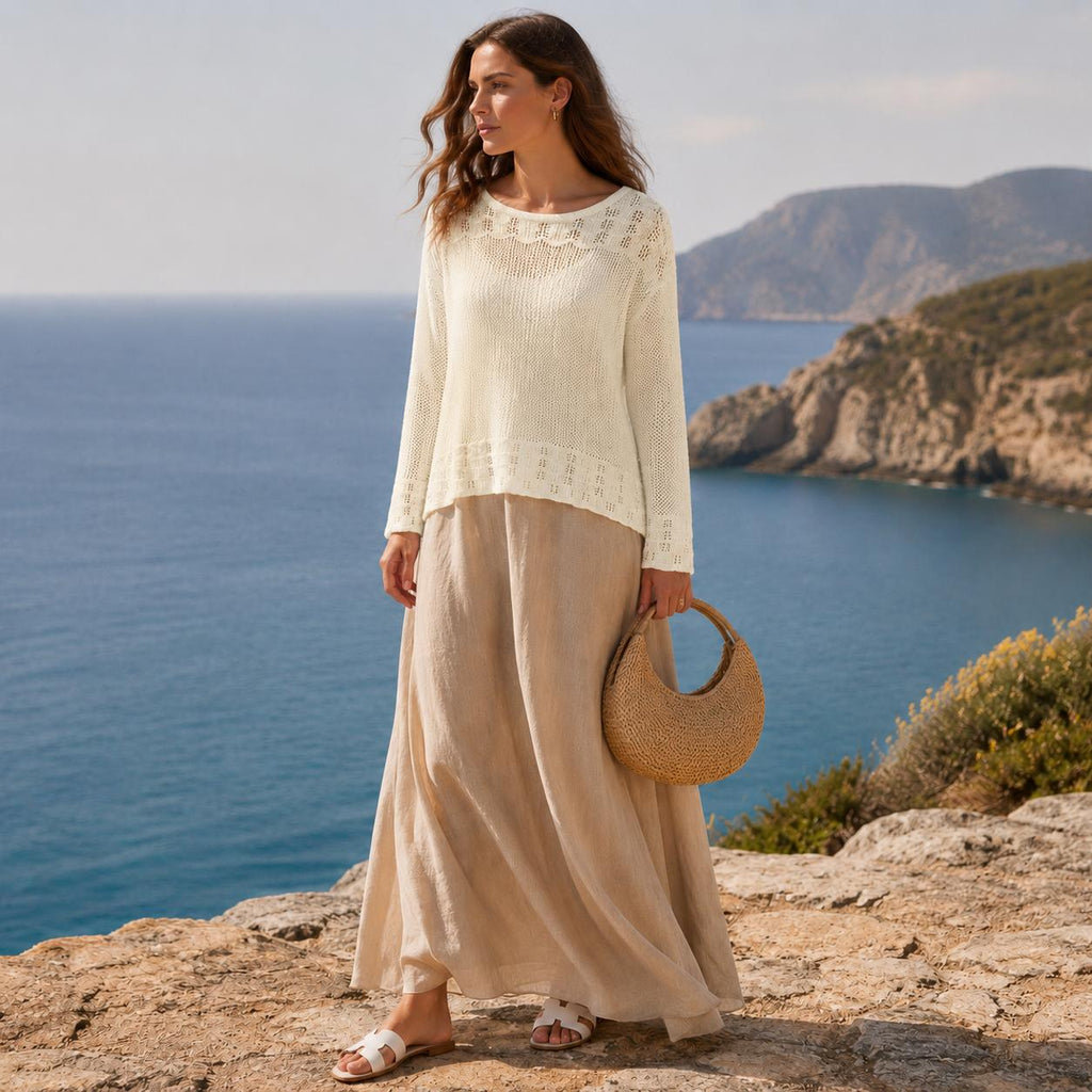 Women’s White Hollow Knit Sweater Top , Lightweight Long Sleeve Casual Pullover